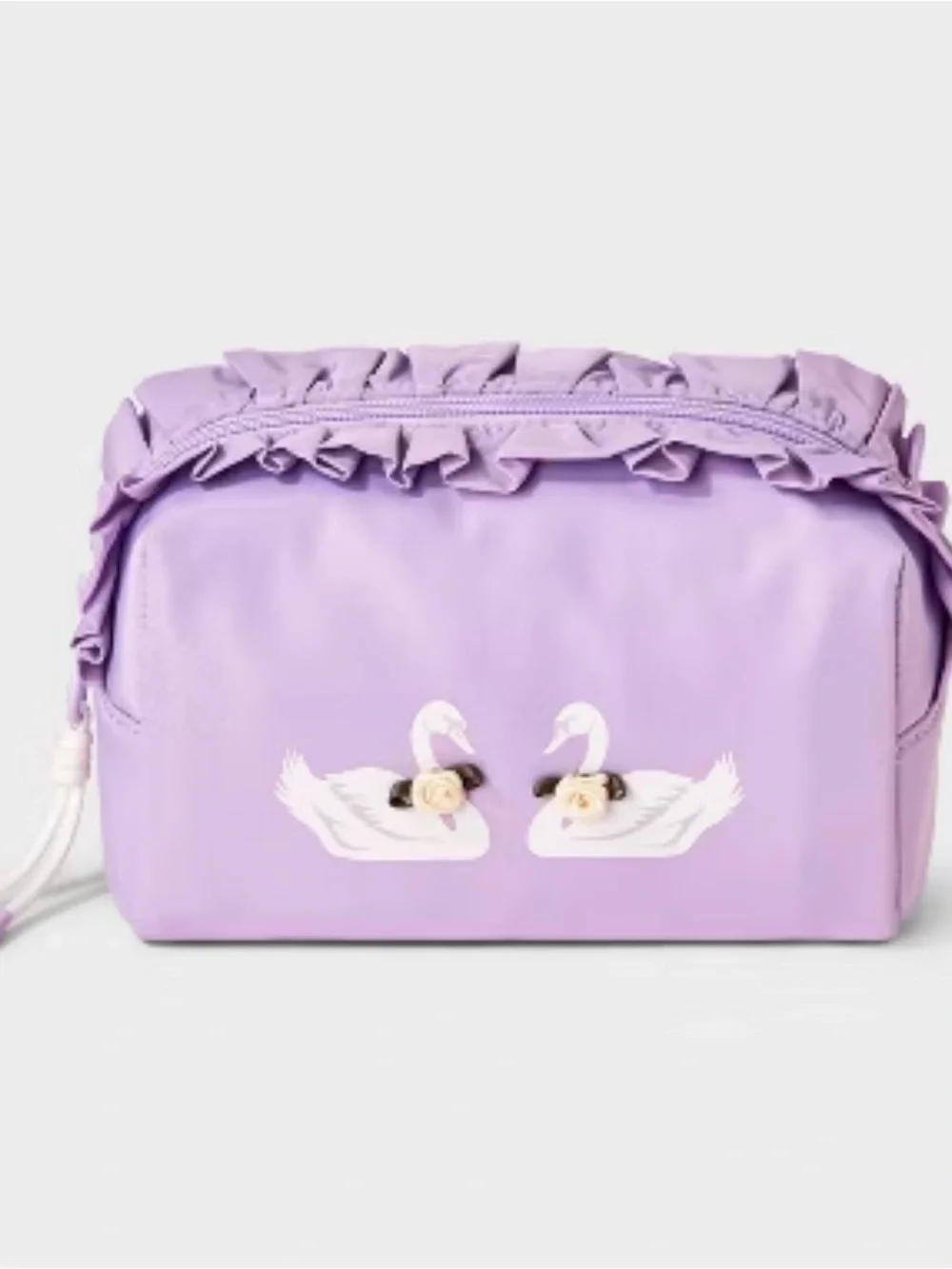 art class Lavender Ruffle Cosmetic Pouch with Swan Motif